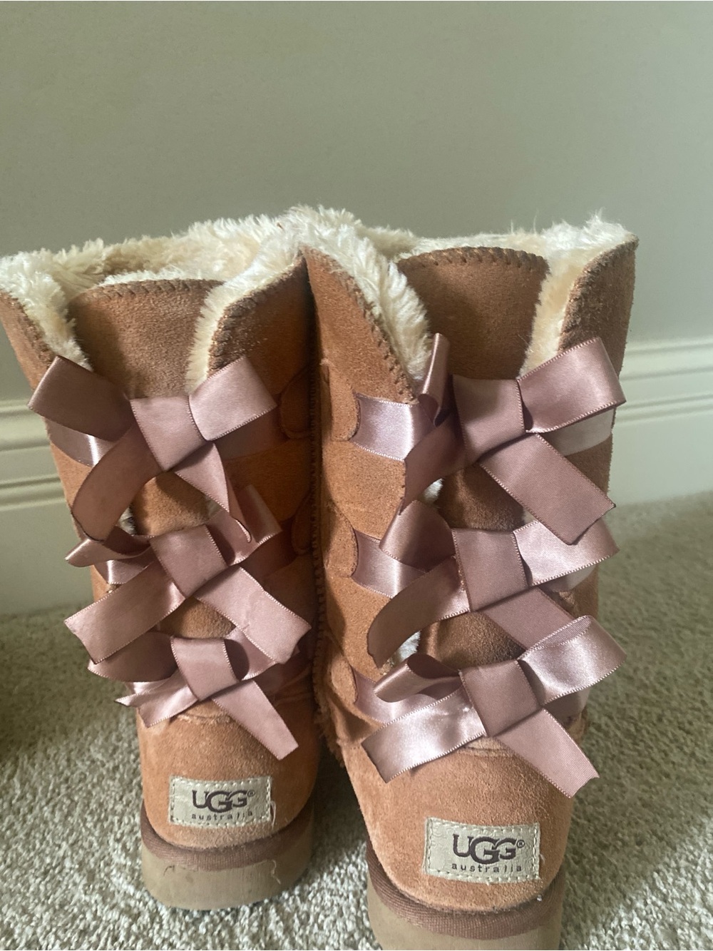 UGG Chestnut Suede Boots with Satin Bows